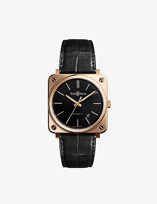 BELL & ROSS: BRS92-BL-PGSCA 18ct rose gold and leather automatic watch