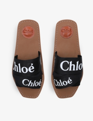 Shop Chloé Chloe Women's Black Woody Logo-print Canvas Sandals