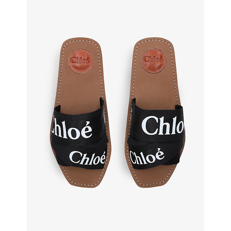 Shop Chloé Chloe Womens Black Woody Logo-print Canvas Sandals