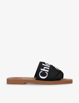 Chloé Chloe Womens Black Woody Logo-print Canvas Sandals