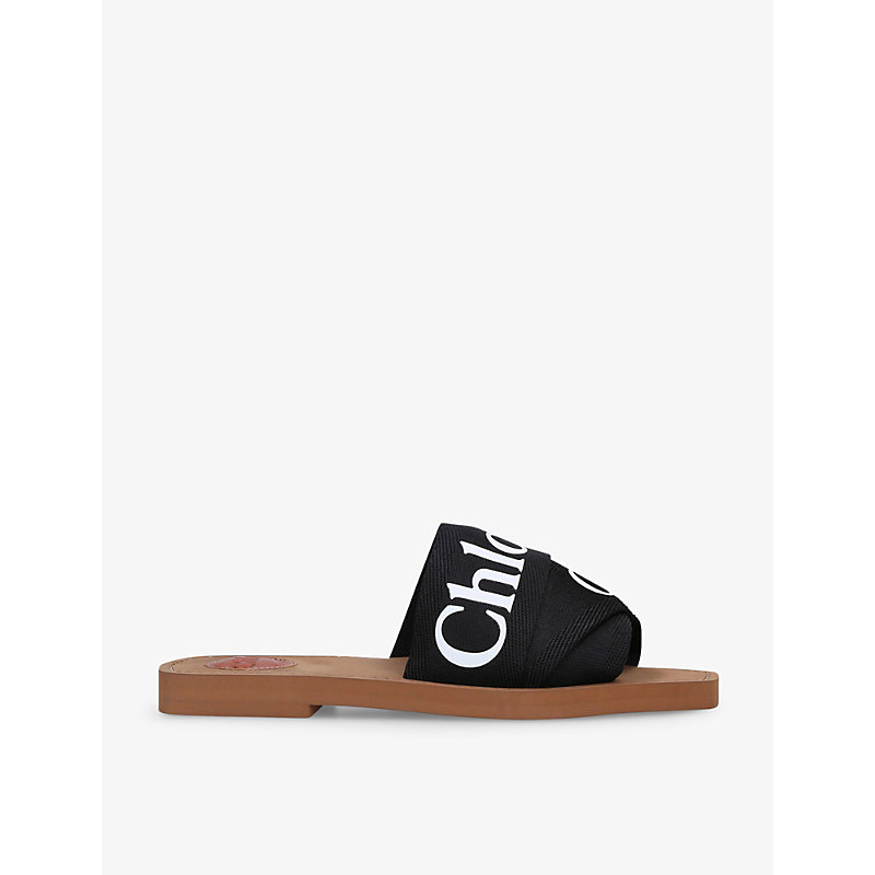 Chloé Chloe Womens Black Woody Logo-print Canvas Sandals