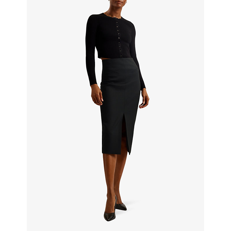 Shop Ted Baker Women's Black Manabus Front-split Slim-fit Stretch-woven Midi Skirt