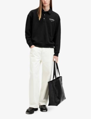 Allsaints Mens Black Underground Logo-print Relaxed-fit Polo Sweatshirt In Jet Black