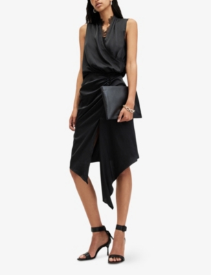 ALLSAINTS WOMENS BLACK ABI LACE-TRIM DRAPED SATIN MIDI DRESS