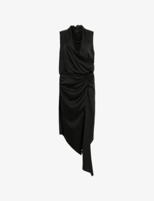 ALLSAINTS WOMENS BLACK ABI LACE-TRIM DRAPED SATIN MIDI DRESS