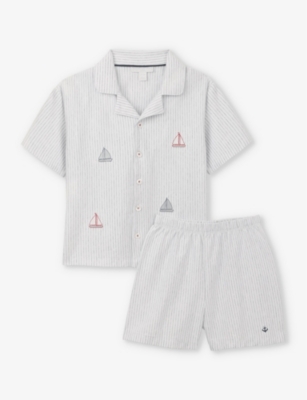 THE LITTLE WHITE COMPANY: Sailboat-embroidered striped organic-cotton pyjamas 7-12 years