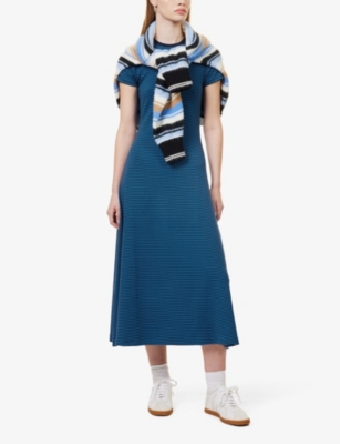 Shop Polo Ralph Lauren Stripe-print Flared-hem Stretch-woven Blend Midi Dress In Kite Blue/newport Navy