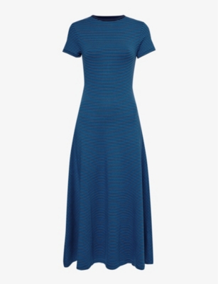 Shop Polo Ralph Lauren Womens Kite Blue/newport Navy Stripe-print Flared-hem Stretch-woven Blend Midi Dre