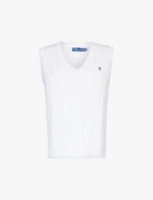Shop Polo Ralph Lauren Women's White Logo-embroidered V-neck Cotton Knitted Vest