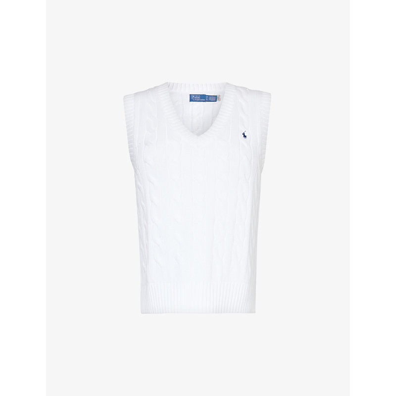 Shop Polo Ralph Lauren Women's White Logo-embroidered V-neck Cotton Knitted Vest