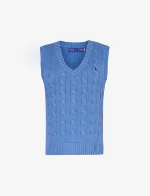 Shop Polo Ralph Lauren Women's Blue Orbit V-neck Logo-embroidered Cotton Knitted Vest