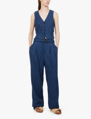 Shop Polo Ralph Lauren Womens  Evan Striped Linen And Cotton Trousers In Blava Wash