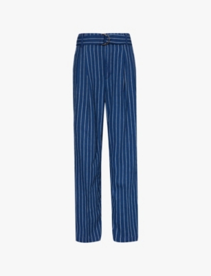 Shop Polo Ralph Lauren Womens  Evan Striped Linen And Cotton Trousers In Blava Wash