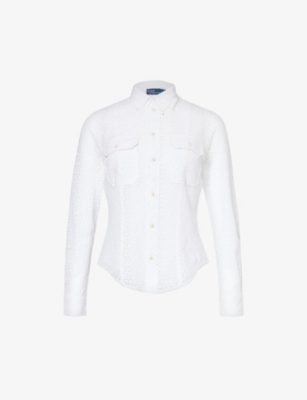Shop Polo Ralph Lauren Womens White Broderie-anglaise Linen Shirt