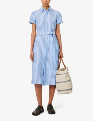 Shop Polo Ralph Lauren Women's 1722a Lake Blue/white Stripe-print Belted Linen Midi Dress