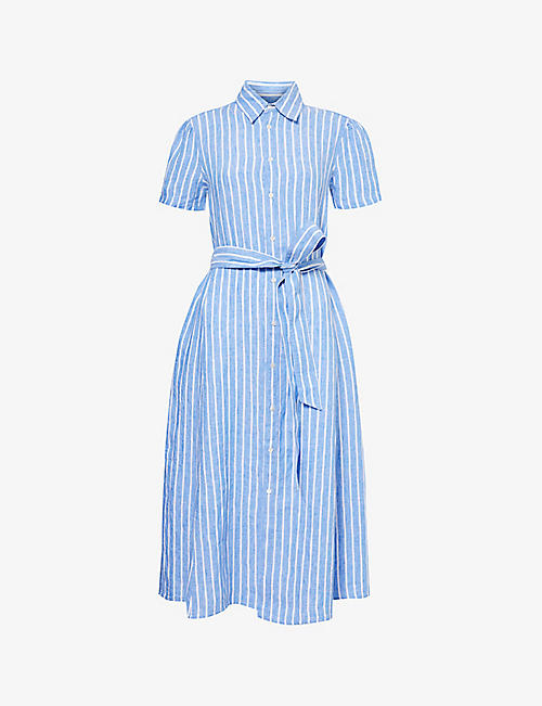 POLO RALPH LAUREN: Stripe-print belted linen midi dress