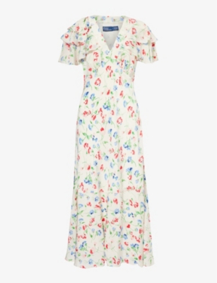 POLO RALPH LAUREN: Floral-print frilled-sleeve silk midi dress