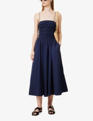 Shop Polo Ralph Lauren Women's Cruise Navy Ruched-panel Flared-hem Cotton-poplin Midi Dress