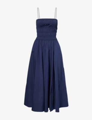 Shop Polo Ralph Lauren Women's Cruise Navy Ruched-panel Flared-hem Cotton-poplin Midi Dress