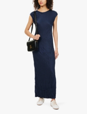 Shop Polo Ralph Lauren Women's Shadow Navy Kianu Crinkle-textured Recycled-polyester Maxi Dress