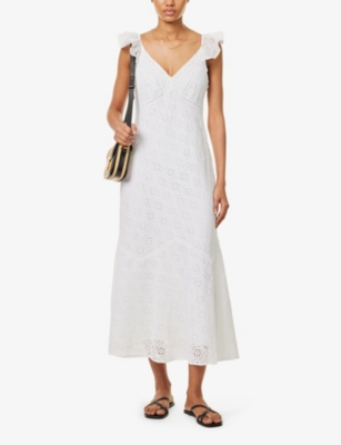 Shop Polo Ralph Lauren Womens White Floral-embroidered Frill-trim Linen Midi Dress