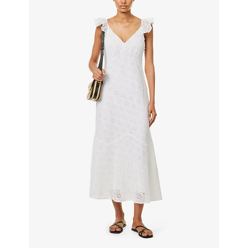 Shop Polo Ralph Lauren Women's White Floral-embroidered Frill-trim Linen Midi Dress