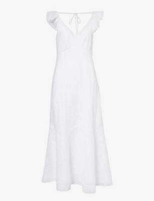 Shop Polo Ralph Lauren Womens White Floral-embroidered Frill-trim Linen Midi Dress