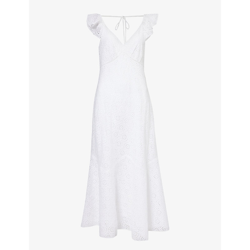 Shop Polo Ralph Lauren Women's White Floral-embroidered Frill-trim Linen Midi Dress