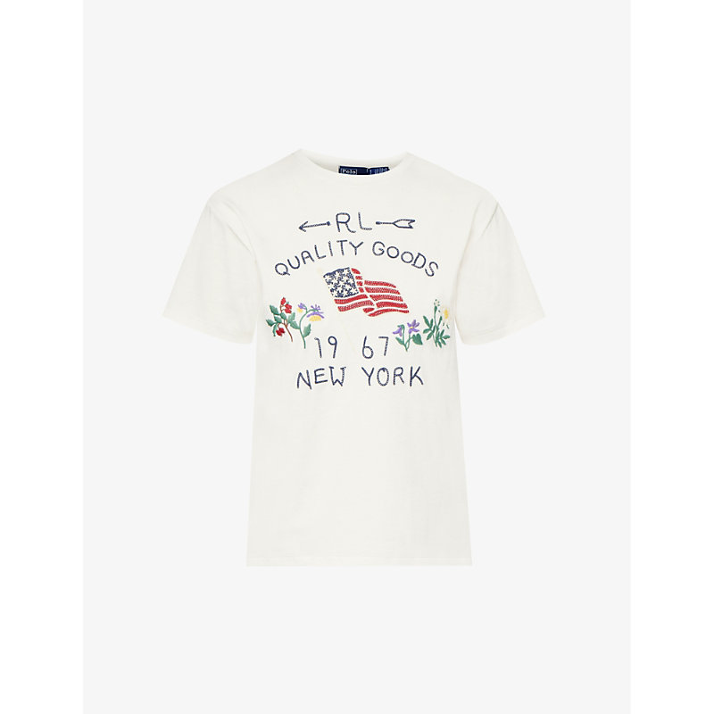 Shop Polo Ralph Lauren Women's Antique Cream Graphic-print Cotton-jersey T-shirt
