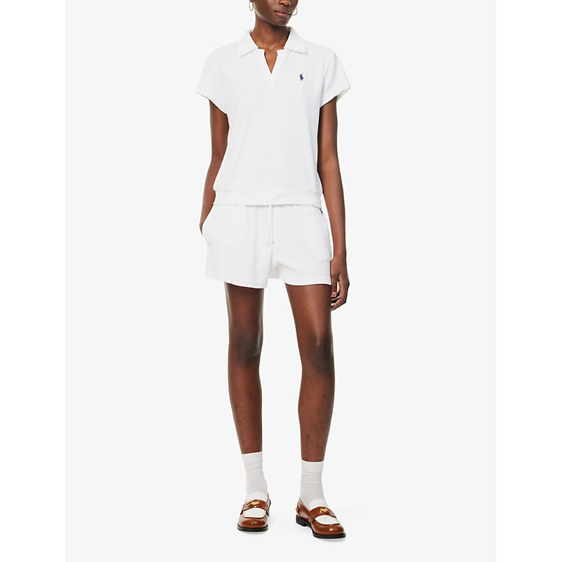 Shop Polo Ralph Lauren Women's White Logo-embroidered Cotton-blend Terry Polo Shirt