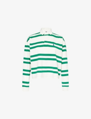 Shop Polo Ralph Lauren Women's Deckwash White/green Striped Cropped Regular-fit Cotton Shirt
