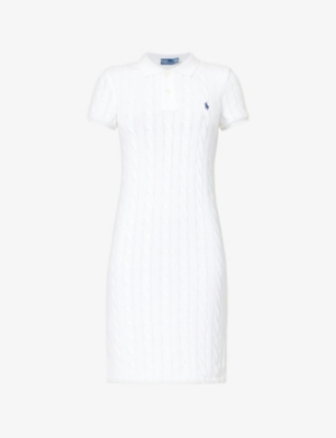 Shop Polo Ralph Lauren Women's White/ Navy Pp Logo-embroidered Polo-collar Cotton Midi Dress