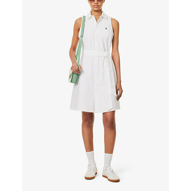 Shop Polo Ralph Lauren Women's Bsr White Logo-embroidered Belted Cotton-poplin Midi Dress