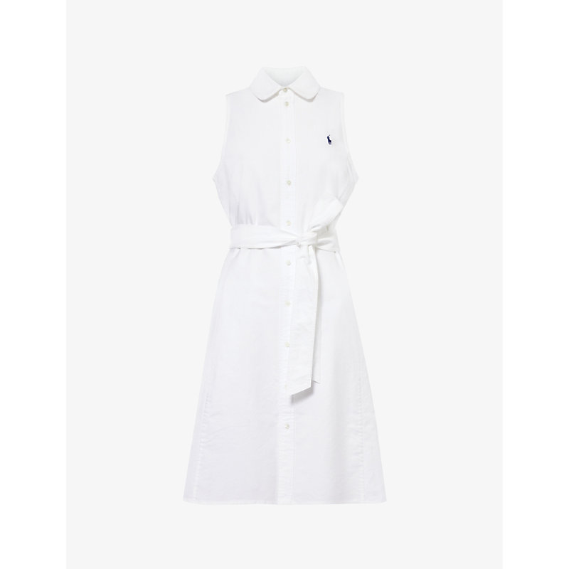 Shop Polo Ralph Lauren Logo-embroidered Belted Cotton-poplin Midi Dress In Bsr White