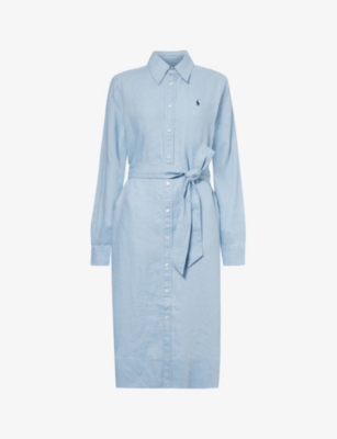 Shop Polo Ralph Lauren Women's Carolina Blue Logo-embroidered Belted Linen Midi Dress