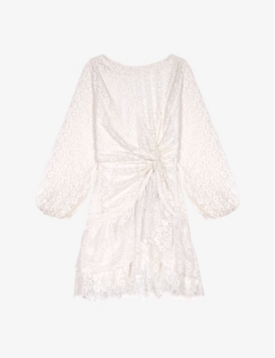 MAJE: Lace-embroidered long-sleeve draped woven mini dress