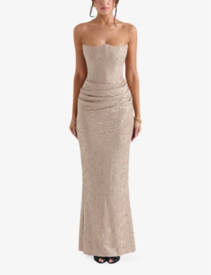 HOUSE OF CB OF CB WOMENS GOLD PERSEPHONE STRAPLESS CORSET WOVEN MAXI DRESS 