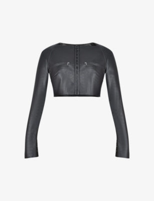 HOUSE OF CB: Lone zip-embellished cropped faux-leather top