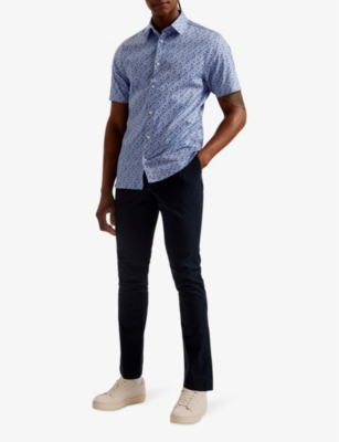 Shop Ted Baker Geometric-pattern Short-sleeve Stretch-cotton Shirt In Blue