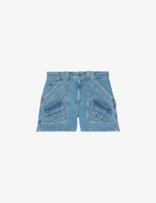 Shop The Kooples Womens Blue Multiple-pocket Straight-cut Stretch-denim Shorts