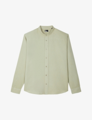 Shop The Kooples Men's Kaki Grey Grandad-collar Long-sleeve Linen And Cotton-blend Shirt