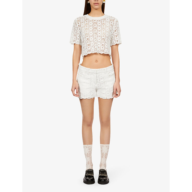 Shop The Kooples Womens White Scalloped-trim Crochet Cropped Cotton Top
