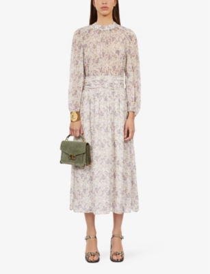 Shop The Kooples Women's Ecru/mauve Chalk Floral-print Long-sleeve Woven Midi Dress