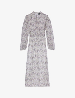 The Kooples Floral-print Long-sleeve Woven Midi Dress In Ecru/mauve Chalk
