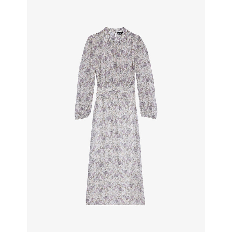 The Kooples Floral-print Long-sleeve Woven Midi Dress In Ecru/mauve Chalk