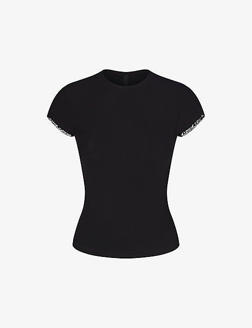 SKIMS: Short-sleeved lace-trim stretch-woven T-shirt