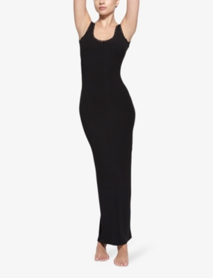 Shop Skims Women's Onyx Soft Lounge Scoop-neck Lace-trim Stretch-woven Maxi Dress