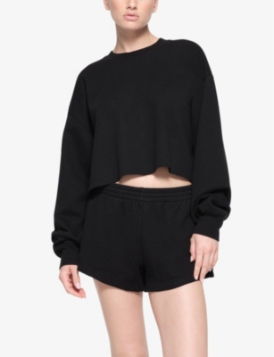 Shop Skims Women's Onyx Loose-fit Cropped Cotton-blend Sweatshirt