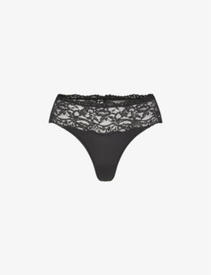 Skims Womens Onyx Fits Everybody Lace-embroidered Stretch-woven Thong