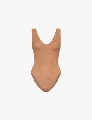 Hunza G Sadie Scoop-neck Crinkle-textured Swimsuit In Metallic Cocoa